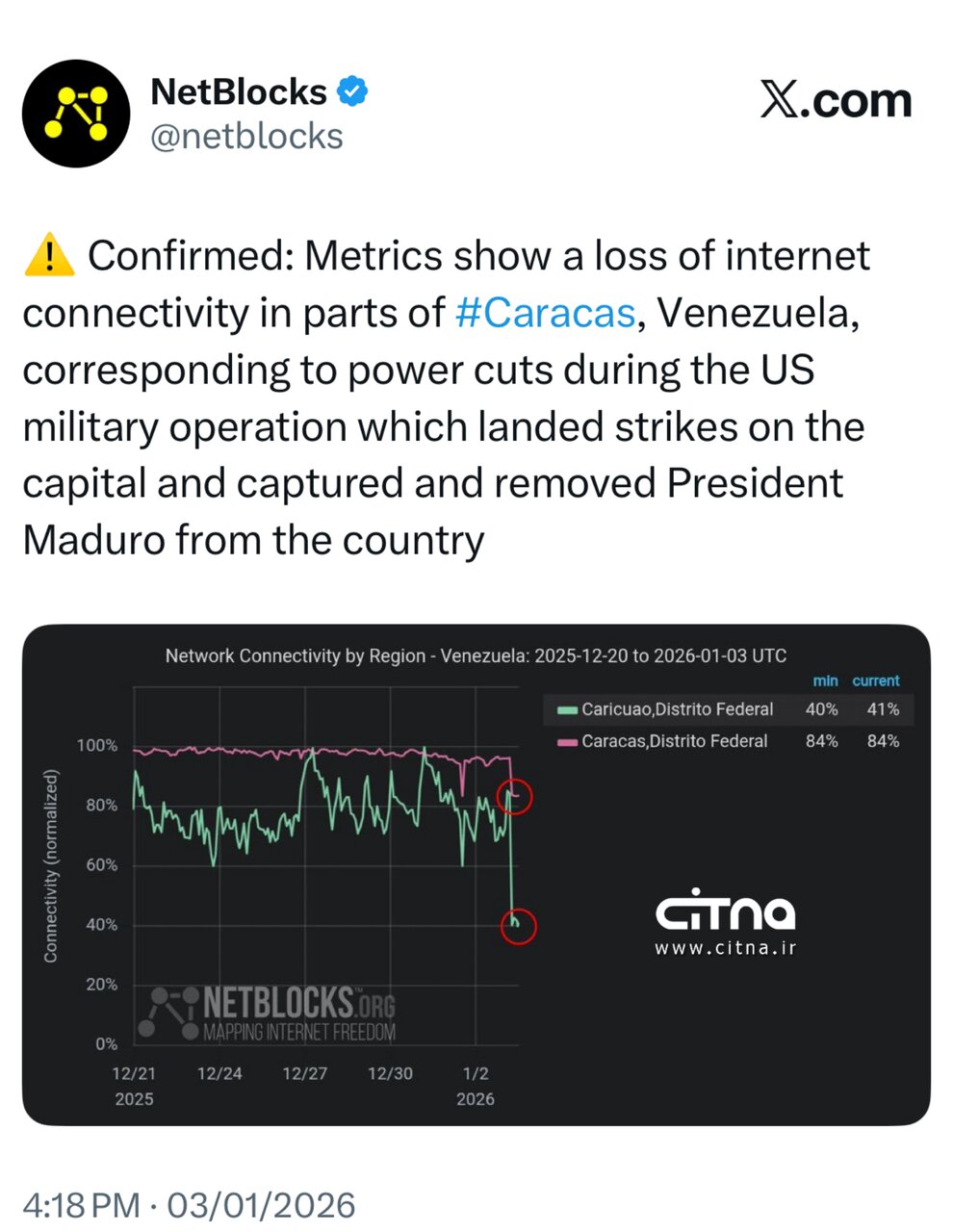 قطعی اینترنت در کاراکاس همزمان با حمله نظامی آمریکا به ونزوئلا اینترنت